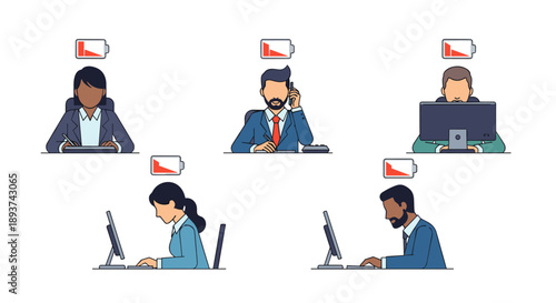 A diverse group of office workers, men and women, are depicted with low battery icons, symbolizing burnout and exhaustion in the workplace.