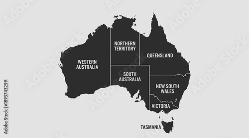 Labeled Map of Australia States and Territories in Black and White Modern Graphic Style