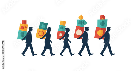 A diverse group of business professionals, depicted in silhouette, diligently carry colorful, stacked boxes, symbolizing teamwork and shared responsibility.