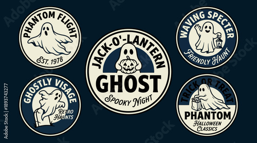 Retro Halloween Ghost Logo Badges Collection. Vintage Vector Specter Patches, Classic Spooky Night Emblems for Apparel and Branding.