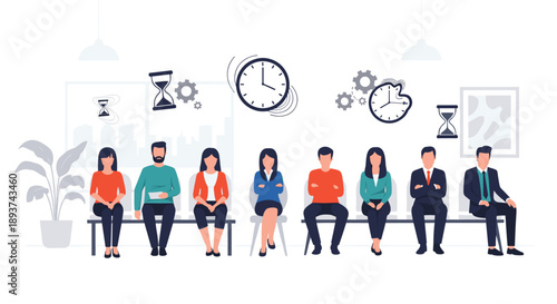 A diverse group of people patiently waits in a modern office or clinic reception area, illustrating the concept of time management and waiting.