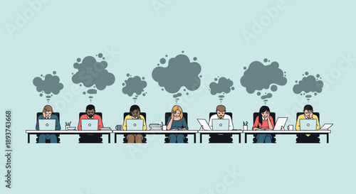 A diverse group of office workers are depicted with thought bubbles above their heads, illustrating a collective brainstorming or problem-solving session.