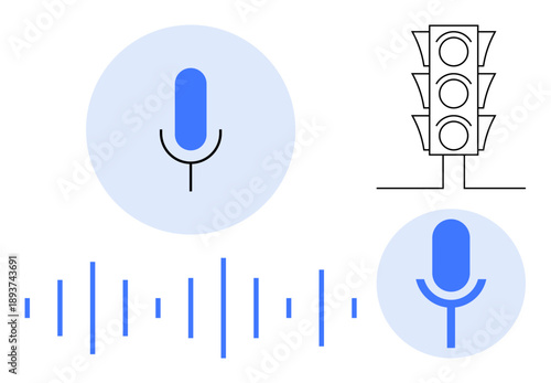 Audio analysis, smart assistants, voice control, urban signaling, voice UI, technology. Microphones, traffic light sound wave. Audio analysis and smart assistants concept
