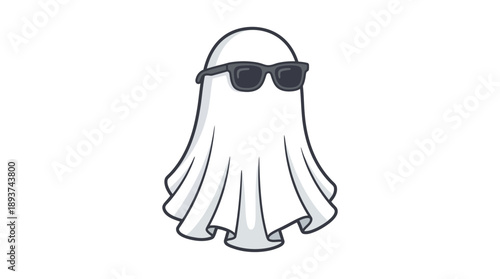 Cool Ghost Mascot Character Wearing Sunglasses. Isolated Spooky Cute Halloween Vector Illustration.