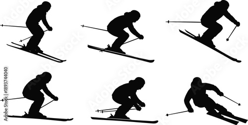 Black skiing silhouettes set, isolated vector illustrations of skiers downhill racing on snow for winter sports competition, mountain resort travel, and outdoor activity