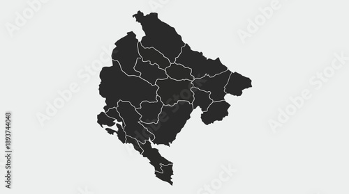 Montenegro Map with Administrative Divisions - Black Silhouette Vector Illustration of Municipalities, Provinces, and Geographic Regions on White Background