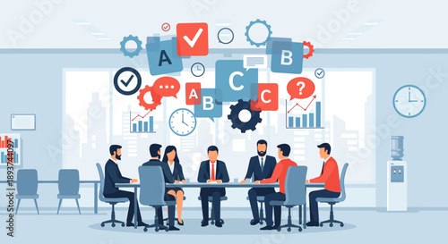 A diverse team of business professionals collaborates around a modern conference table, analyzing data and strategizing for success in a dynamic corporate environment.
