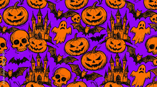 Halloween Sketch Seamless Pattern. Hand-Drawn Jack-o'-Lanterns, Spooky Castle, Bats, Ghosts, and Skulls Illustration on Vibrant Orange and Purple Background.