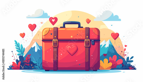 A vibrant red vintage suitcase adorned with a heart, set against a whimsical landscape of mountains, clouds, and floating hearts, evoking a sense of romantic adventure and travel.