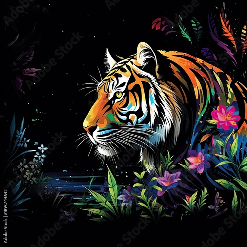 Wallpaper Mural Vivid Neon Jungle Night Scene Featuring a Striking Tiger Amidst Tropical Foliage Torontodigital.ca