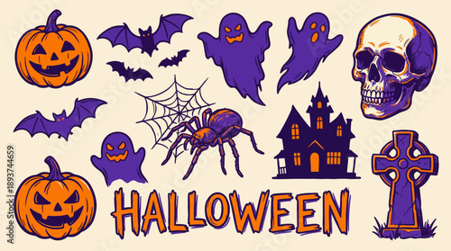 Retro Halloween Vector Bundle: Jack O'Lanterns, Skull, Ghosts, Bats, Spiderweb, Gravestone, and Haunted House Cartoon Collection in Orange and Purple.