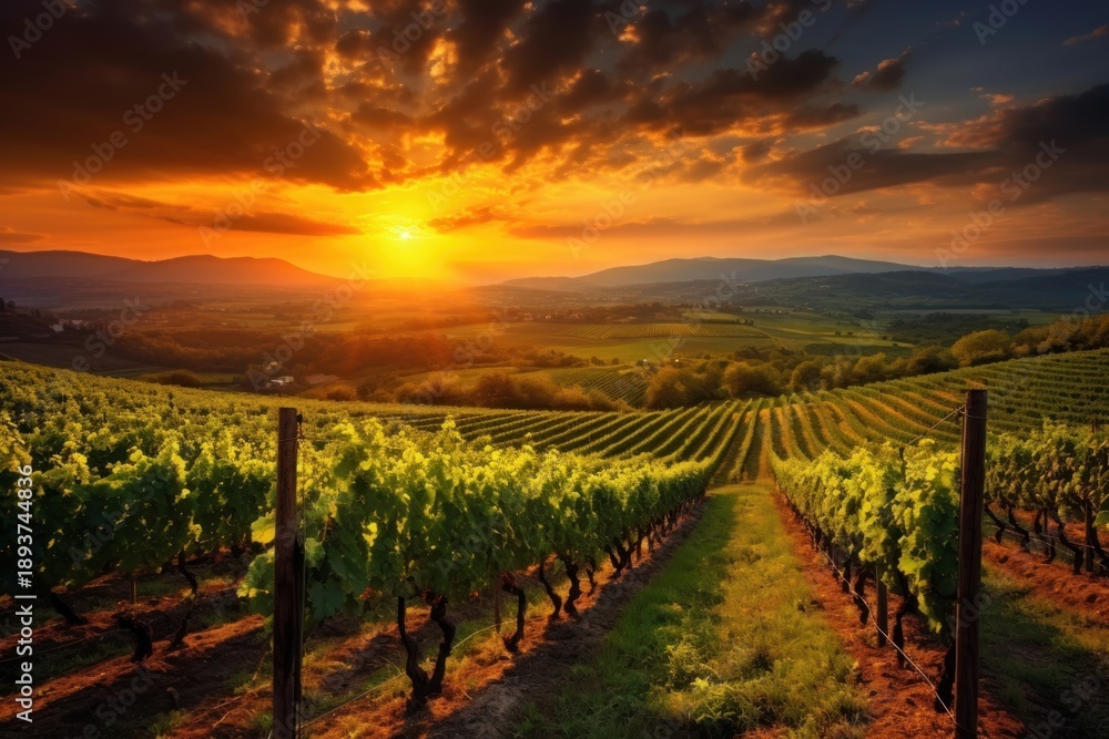 Naklejka premium Wine vineyard at sunset outdoors nature farm.