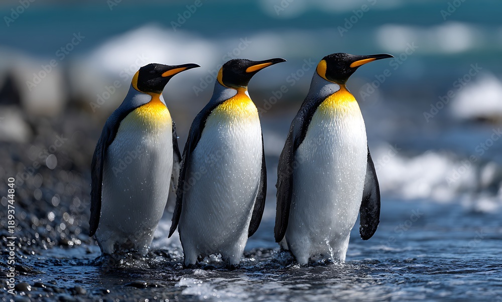Fototapeta premium Three King Penguins walking together in icy waters