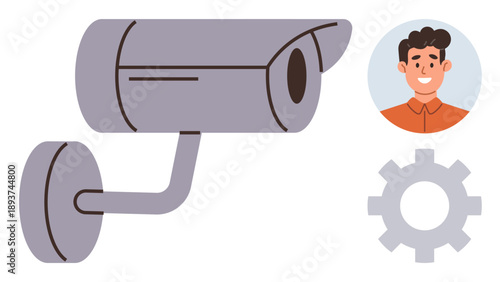 Security, surveillance, technology, access control, data privacy, user identification. Surveillance camera with a gear symbol and user profile picture. s security and access control concepts