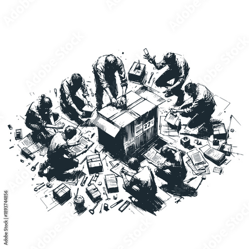 Coworkers packing project materials into a single box