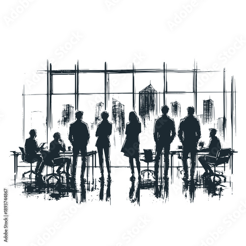 Silhouettes of business teammates standing together at an office window