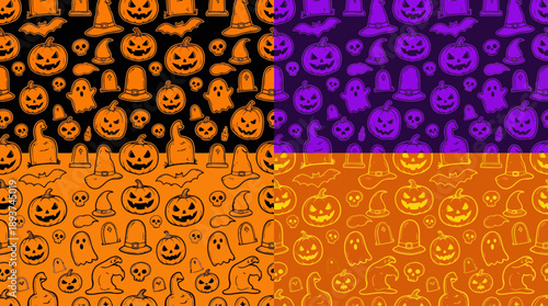 Spooky Halloween Seamless Pattern Background with Pumpkins, Ghosts, Bats, and Skulls. Hand-Drawn Orange and Purple Doodle Texture.