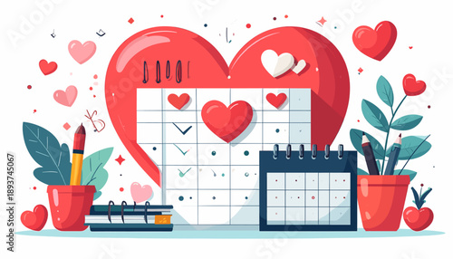 A charming illustration depicts a romantic calendar and heart-shaped elements, symbolizing love, planning, and special dates for couples.