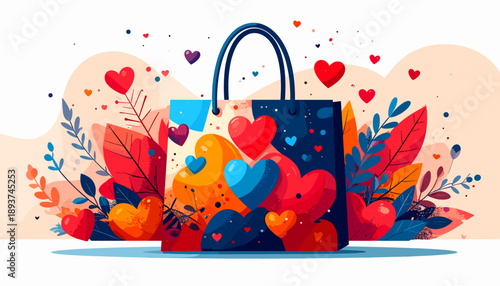 Vibrant shopping bag adorned with an array of colorful hearts and botanical elements, perfect for celebrating love and special occasions.