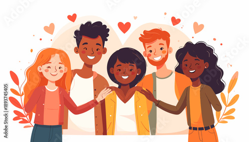 A diverse group of happy friends from various backgrounds embraces unity and support, celebrating their strong bond with heartwarming affection.