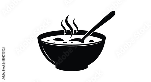 A black and white graphic of a bowl of hot soup with steam