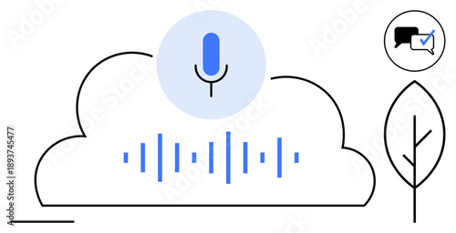 Microphone and sound wave graphics inside cloud shape, chat bubble with checkmark, tree outline. Ideal for AI, cloud storage, technology, sustainability, communication, sound analysis simple flat