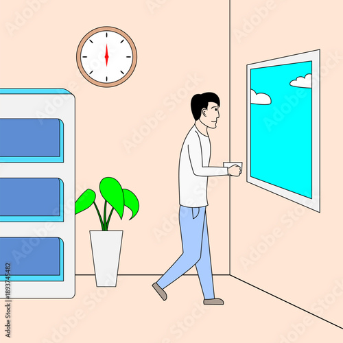 Man is walking in a room and have a cup of coffee