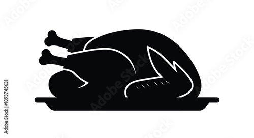 A black and white silhouette of a roasted whole chicken on a platter