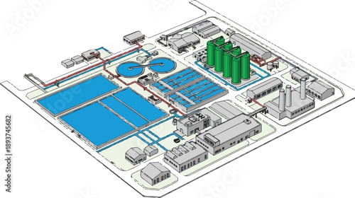 Detailed industrial facility layout illustration showcasing factory infrastructure, machinery, and storage tanks from an aerial viewpoint