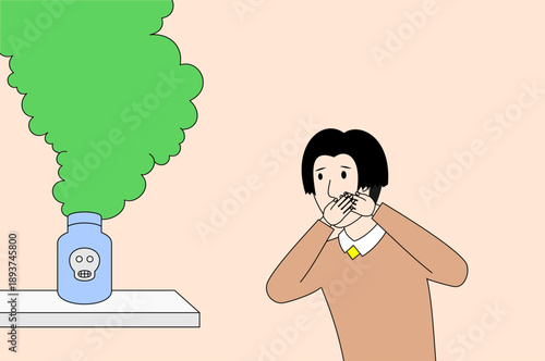 man covers nose near bottle emitting poisonous gas