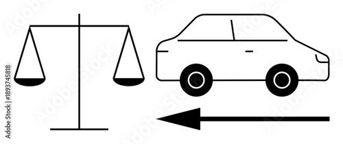 Legal concept. Scales of justice combine with car and left arrow traffic regulations, compliance, and justice. Legal frameworks for traffic law enforcement. For legal, traffic regulation, justice