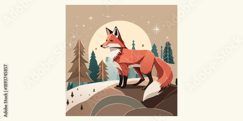 Cartoon illustration of a fox at the forest in the night
