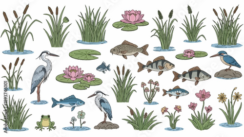 Collection of Water Animals and Plants Illustration.