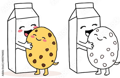 Adorable cartoon milk carton embracing a chocolate chip cookie Vector illustration set with color and black and white outline for coloring book Hugging happy food pals