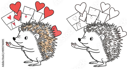 Adorable cartoon hedgehog with hearts and love letters on quills Color and outline variations of a vector art set A humorous animal figure in a coloring book for Valentine's Day