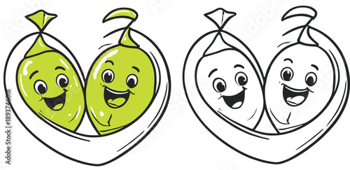 Adorable cartoon peas in a heart-shaped pod Green and outline variants of a vector art set Joyful vegetable figures for a coloring book