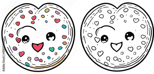 Adorable cookie cartoon creature with sprinkles in the shape of a heart A colorful and black-and-white vector graphic collection of adorable delicious pastries for a coloring book