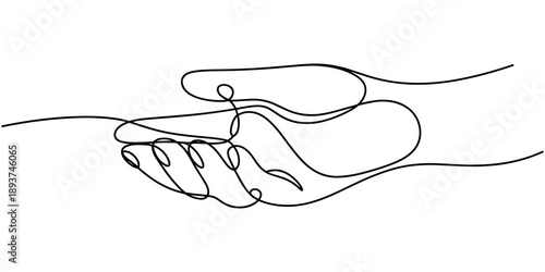 Hands holding heart continuous one line art drawing. Charity donation linear symbol. Vector illustration isolated on white.