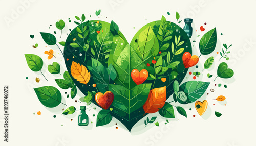 A vibrant, heart-shaped arrangement of diverse green leaves and small red hearts symbolizes nature's beauty and environmental care.