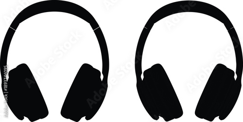 Pair Of Black Silhouette Headphones With Over Ear Cups On White Background audio music