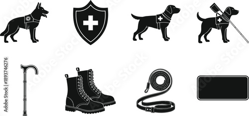 Set of black icons representing service dogs and related equipment canine animal