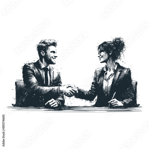 Two employees shake hands after a business deal