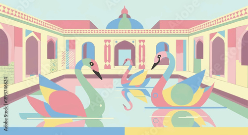 Minimalist Geometric Indian Wedding Palace Illustration with Swans and Lotus Pond Background