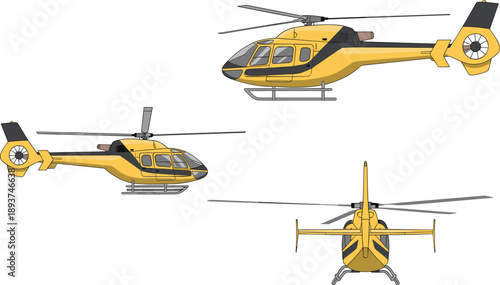 Three views of a yellow and black cartoon helicopter on a white background aircraft aviation
