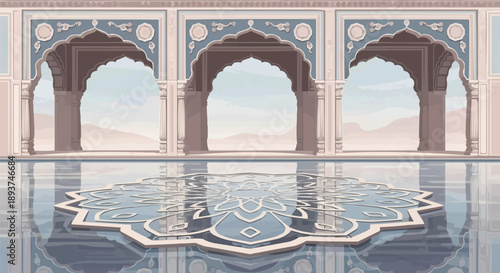 Ornate Mughal Archway and Reflecting Pool Vector Illustration, Traditional Indian Palace Architecture Design