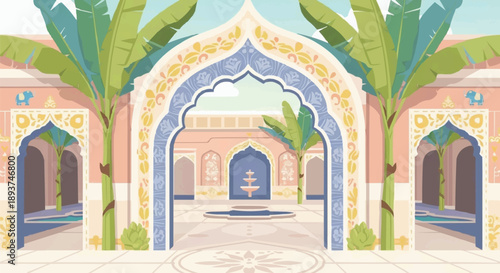 Elegant Rajasthan Palace Courtyard with Banana Trees and Fountain, Luxury Indian Wedding Card Vector Illustration