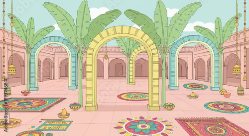 Elegant Rajasthan Palace Courtyard with Banana Trees and Fountain, Luxury Indian Wedding Card Vector Illustration