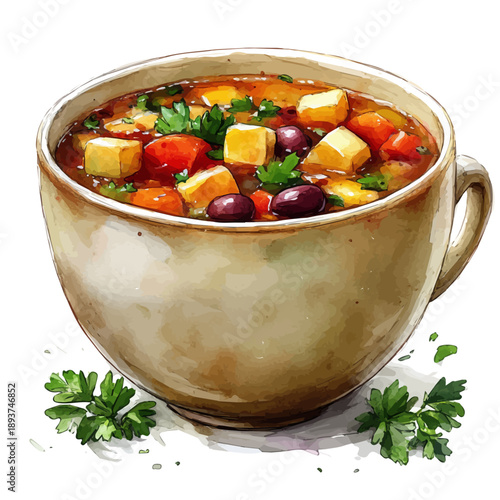 Avgolemono Soup, watercolor vector portraying a joyful pose with colorful highlights, isolated on a white background.