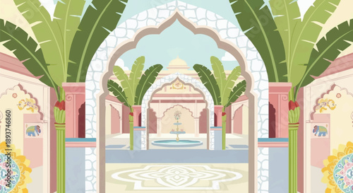 Elegant Rajasthan Palace Courtyard with Banana Trees and Fountain, Luxury Indian Wedding Card Vector Illustration