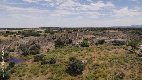 Canvastavla Aerial View of Hilltop Castillo de Mayoralgo, Aldea del Cano, Caceres, Spain